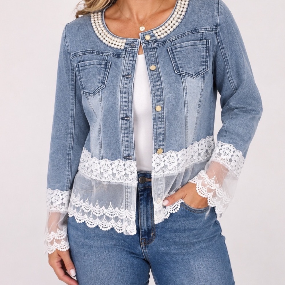 Denim Jacket Blue Women M/L Pearl Lace Embellished Boho Feminine Gold Buttons